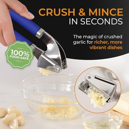 ORBLUE Garlic Press and Peeler Set, Stainless Steel - Professional Grade Mincer, Crusher - Dishwasher Safe & Rust-proof, Blue