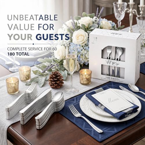 WDF 180 Ps Silver Plastic Silverware - Plastic Cutlery - Fancy Plastic Silverware Heavy Duty - 60 Forks 60 Knives 60 Spoons - Disposable Utensils Perfect for Fall Party/Wedding/Thanksgiving/Christmas