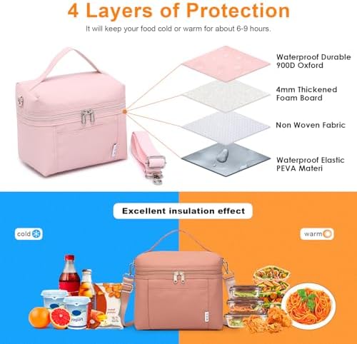 NOL Insulated Lunch Bags for Women Cooler Bag Lightweight Nylon Waterproof Lunch Box For Work - Small, Pink