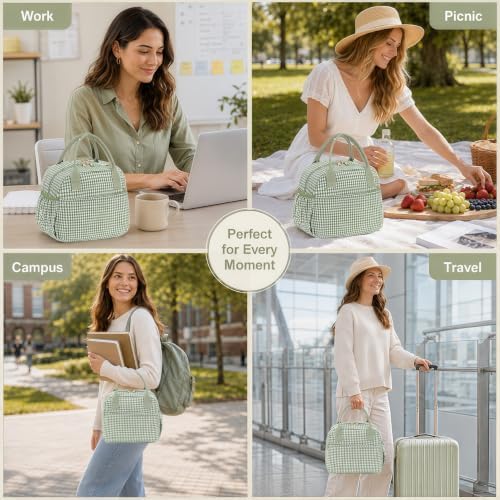 CAMTOP Lunch Box for Women Men Insulated Lunch Bag Lunch Tote Bag Leakproof Thermal Cooler Large Capacity for Travel Work School Picnic (Sage Green Check, Medium)