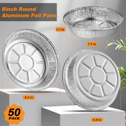 50 Pack 8" Round Aluminum Pans Pie Tins - Disposable Foil Baking Pans for Pies, Pot Pies, Quiche, Tarts and Casseroles, Oven/Freezer Safe Cake Baking Pans