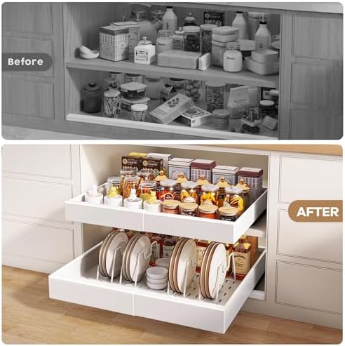 Seinloes 2Pack Pull out Cabinet Organizer 21"Deep with 4 Adjustable Dividers,Expandable(12.1"-20.4"W) Pots and Pans Organizer Under Cabinet with Raising Pad for Framed Cabinets,Slide out Drawers,White