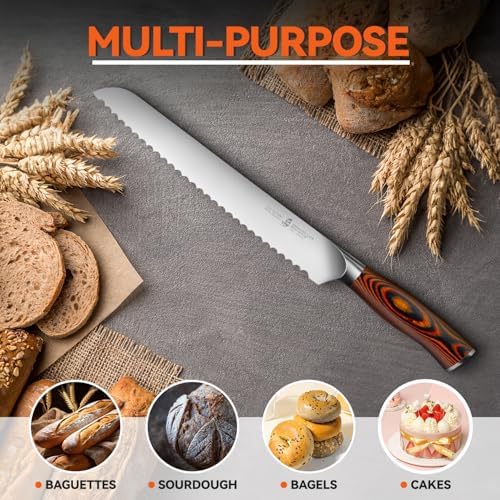 TUO Bread Knife, 10 inch Upgraded Serrated Knife for Homemade Sourdough Bread, High Carbon German Steel with Pakkawood Handle, Gift Box - Fiery Phoenix Series