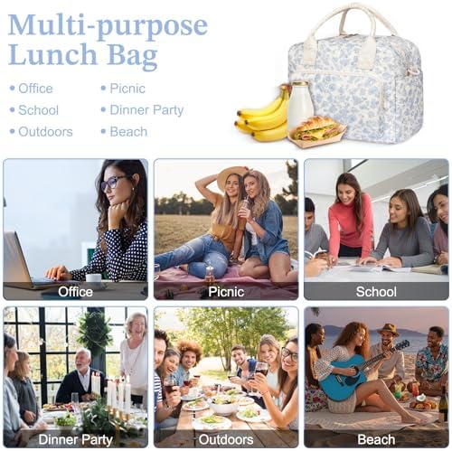 WOBAGMEN Quilted Lunch Box for Women, Insulated Lunch Bag for Adult,Cute Lunch Tote Bags for Work Picnic Travel (Blue Floral,M)