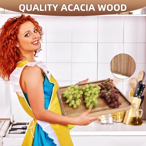 2 PCS Solid Acacia Wood Serving Trays 13 * 9 inch Rectangular Wooden Serving Platters Natural Wooden Boards for Bar Coffee Party(Wood Log Color)