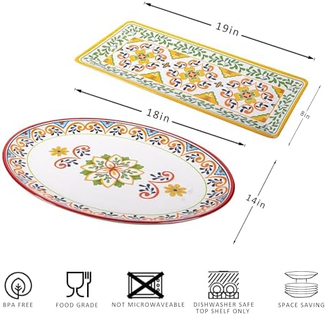 Melamine Serving Platter, Set of 2,Talavera Melamine Large Serving Tray,19''x8'' Rectangular and 18''x14'' Oval Platter Set. Multi-Color