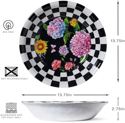 LEHAHA Melamine Large Serving Bowls, Set of 2, Sunflower 13.75" x 2.75" (130 OZ) Pasta and Salad Bowl, Black Plaid Durable for Kitchen, Dishwasher Safe