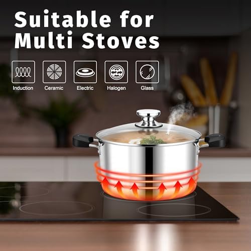 P&P CHEF 6 Qt Pot with Lid, Transparent Glass, Tri-ply Stainless Steel