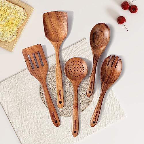 Wooden Kitchen Utensil Set, 5 PCS Natural Teak Wooden Spoons for Cooking