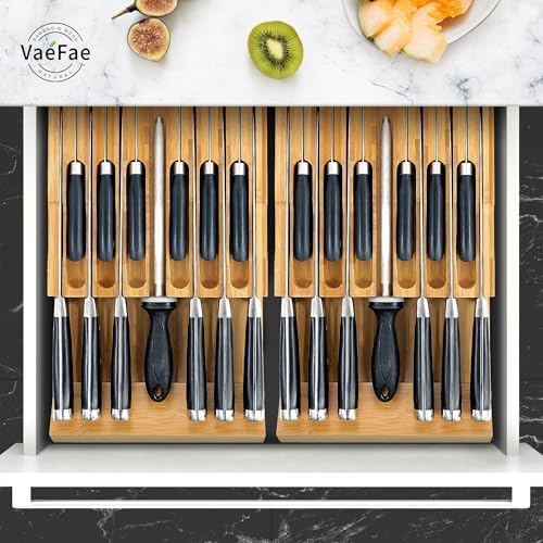 VaeFae Bamboo Knife Drawer Organizer, Knife Drawer Organizer Insert, Kitchen Drawer Knife Block for 12 Knives and a PLUS Slot for your Knife Sharpener (Without Knives)
