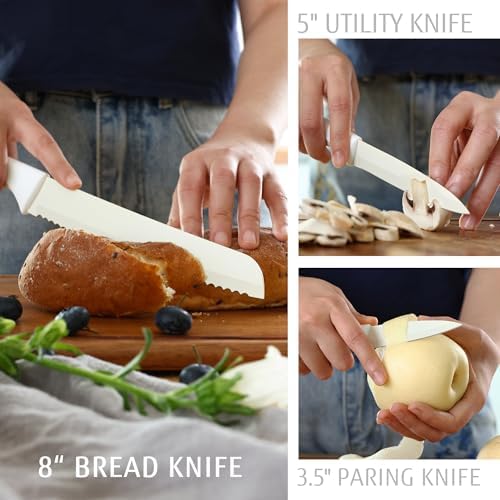 hecef 15Pcs Cream White Kitchen Knife Set, Built-in Sharpening Wooden Block
