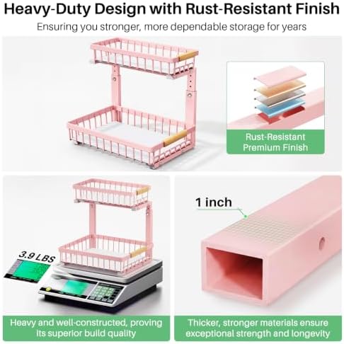 Kitstorack Under Sink Organizer, 2 Tier Under the Sink Storage, Slide out Pull out Cabinet Organizer Shelf, Metal Sliding Drawer for Kitchen Bathroom Pantry Closet Organization Rack, Pink, 1 Pack