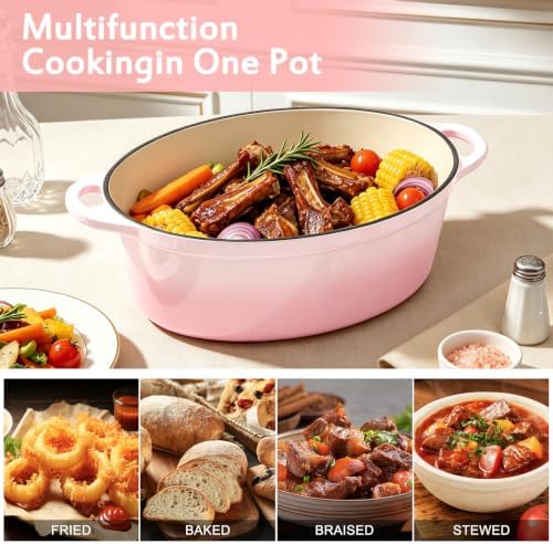 Enameled Dutch Oven Pot with Lid, 7 QT Cast Iron Dutch Oven with Dual Handles, Oval Dutch Oven for Cooking, Bread Baking, Frying, Non-stick Enamel Coated Oven (Gradient Pink)