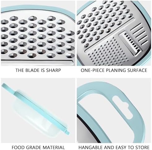 3 in 1 Vegetable Slicer with Storage Box, Stainless Steel Cheese Box Grater, Food Chopper, Wave Cutter, Kitchen Multi-Purpose Grater for Potatoes, Carrots, Zucchini, Onions... (Light Blue)