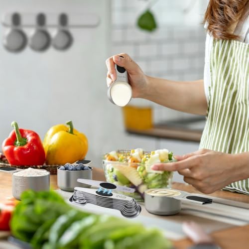 Magnetic Measuring cups and spoons Set, 304 Stainless Steel 5 Magnetic Measuring Cup and 8 Double Sided Measuring Spoons with 1 Leveler,Kitchen Gadgets for Cooking & Baking