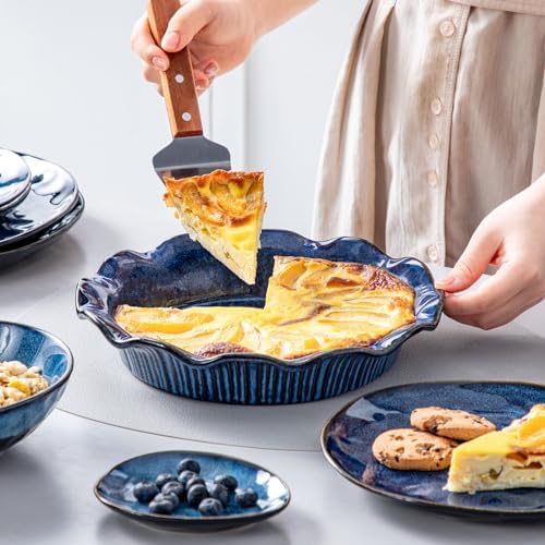 vancasso Ceramic Pie Pan for Baking, 9 inch Deep Pie Plates for Apple Pie, Pot Pie, Tart and Quiche, Reactive Glaze Fluted Pie Pans, Large Pie Dish with Ruffled Edge, Blue, STERN Series