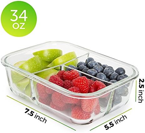 PrepNaturals 4 Pack 34oz Glass Meal Prep Containers - 3 Compartments
