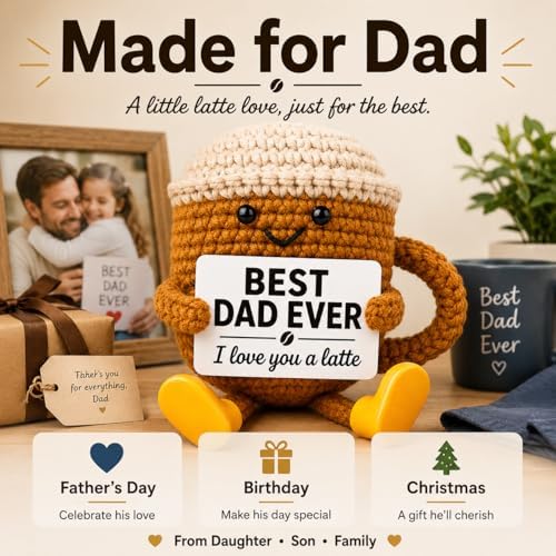 Fathers Day Gift for Dad from Daughter Son, Dad Gifts Crochet Coffee Cup, Best Dad Ever I Love You Handmade Crochet Decor, Birthday Christmas Coffee Lover Gifts for Daddy Papa