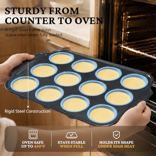 BRONYPRO Silicone Muffin Pans for Baking with Metal Frame, Egg Bite Molds, Cupcake Pans 12 Regular Size, Muffin Tins Easy to Pop Nonstick Non Toxic Bakeware for Oven,Blue