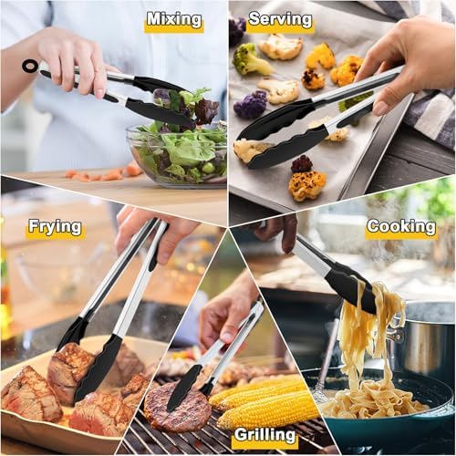 TeamFar Kitchen Tongs, 9"&12" Stainless Steel Heat Resistant Cooking Tongs