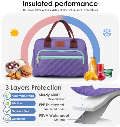 Insulated Lunch box for Women,Leakproof Quilted Thermal Lunch Bag, 14L Large Capacity Lunch Tote Bag Lightweight LunchBox Cooler for Work, School, Picnic or Travel with 2 Front Pocket -Purple