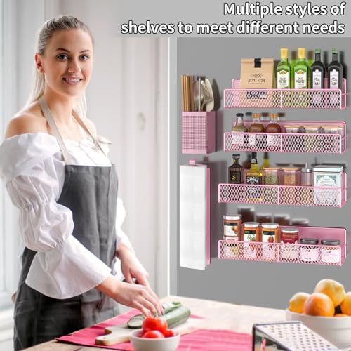 Magnetic Spice Rack for Refrigerator, 6 Pack Metal Magnetic Shelf Pink, Moveable Spice Organizer, Strong Magnetic Storage Fridge Organizer with Paper Towel Holder, Utensils Holder