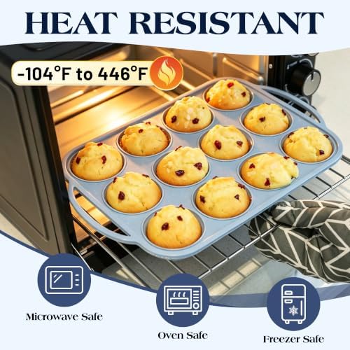 CAKETIME Silicone Muffin Pans for Baking, Metal Reinforced Frame Regular 12 Cups & Mini 24 Cups Cupcake Pan Set Nonstick Muffin Pan for Homemade Baking Easy to Handle