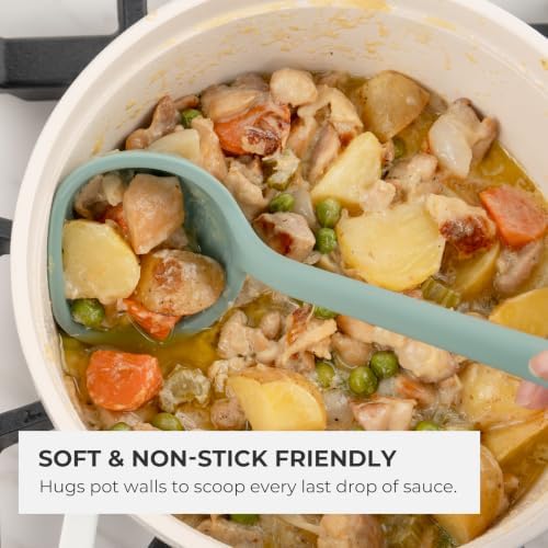 Elihome Classic 10.5 inch Silicone Soup Ladle Cooking Spoon: 600ºF Heat Resistant 2 oz Non-stick Seamless Deep Serving Spoon with Non Slip Long Handle for Cooking Sauce Stews Gravy Sage Green