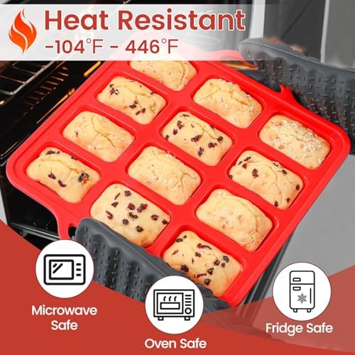 Silicone Mini Loaf Pan, 12 Cavities Metal Reinforced Frame Nonstick Food Grade for Baking Mini Bread, Brownie, Cornbread, Cheesecake and Chocolate (2 Pack)