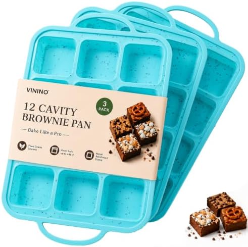 Vinino Silicone Brownie Pan with Dividers, 3-Pack Metal Frame, Aqua Blue