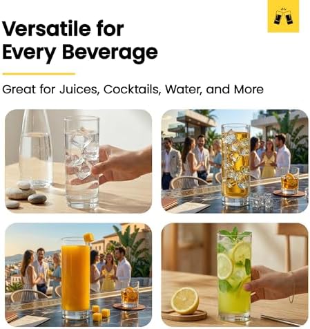 LEMONSODA Premium Highball 12oz/15oz Glass Sets - Elegant Tom Collins Glasses - Tall Water Drinking Glasses - Bar Glassware for Mojito, Whiskey, Cocktail (12oz, Set of 12)