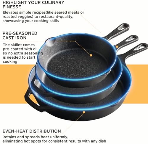 EWFEN Cast Iron Skillet 3-Piece Set, 8", 10" & 12" Pre-Seasoned Frying Pans, Heavy-Duty Professional Restaurant Chef Quality Cookware w/Drip Spout, Indoor & Outdoor Use, Oven, Stove, Grill & Campfire