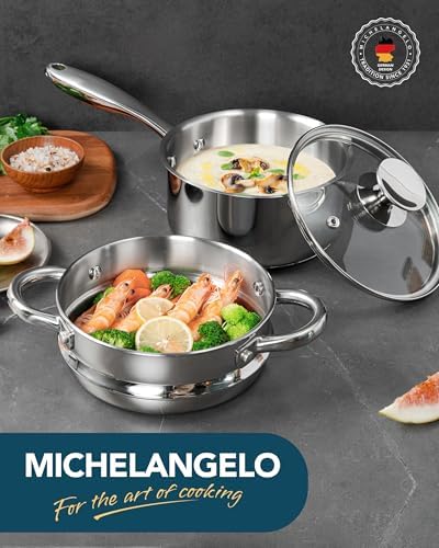MICHELANGELO 1.5 Quart Saucepan with Steamer, Stainless Steel Saucepan with Lid, Triply Bottom Induction Compatible, Multipurpose Sauce Pot, Dishwasher Safe