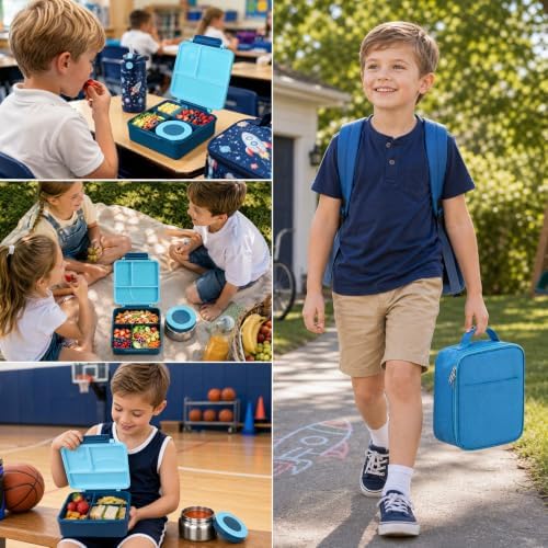 Itslife Bento Lunch Box for Kids with 8oz Soup Thermo&Lunch Bag, Leak-Proof Lunch Food Containers with 4 Compartment, Hot Food Insulated Food Jar for Kids School (Blue)