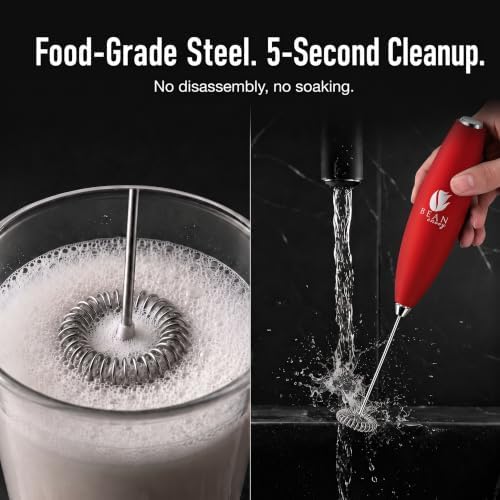Bean Envy Milk Frother Handheld - Coffee Mixer Wand with Stand - Red