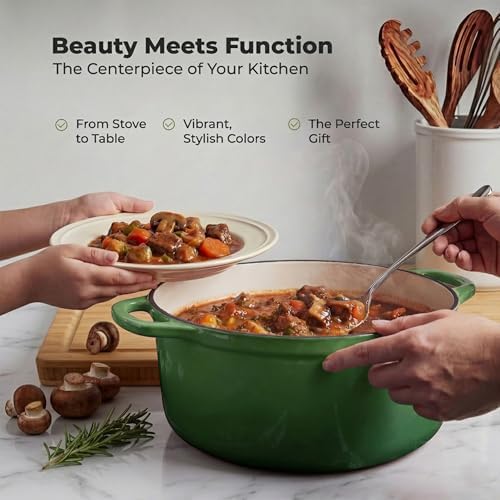Zulay Kitchen 5 Quart Enameled Cast Iron Dutch Oven Pot with Lid – Premium Durability & Oven Safe up to 500°F – Heavy Duty Cookware Perfect for Bread Baking, Stews, Braising & Roasting – Green