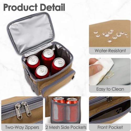 FlowFly Insulated Reusable Lunch Bag Adult Large Lunch Box for Women and Men with Adjustable Shoulder Strap,Front Zipper Pocket and Dual Large Mesh Side Pockets,Brown