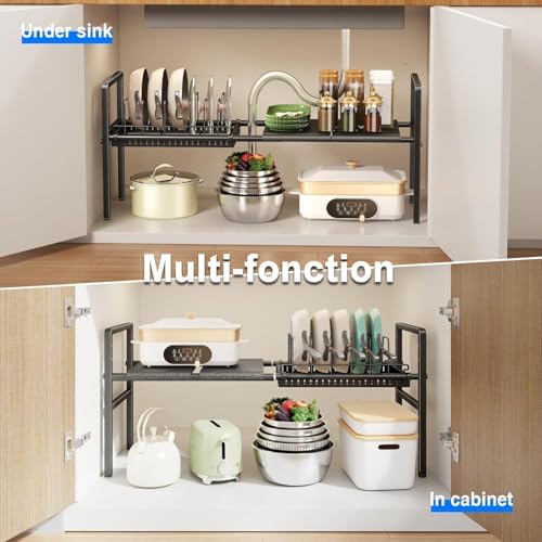 Mustorn Pots and Pans Organizer Under Cabinet, Expandable 1 Tier Under Sink Organizers and Storage Adjustable Height Kitchen Pot and Pan Lid Holder Rack with 6 Dividers Under Cabinet Shelf(Black)