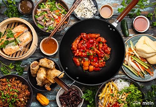 21st & Main Light weight Cast Iron Wok, Stir Fry Pan, Wooden Handle, 14 Inch, chef’s pan, pre-seasoned nonstick, commercial and household, for Chinese Japanese and others Cooking
