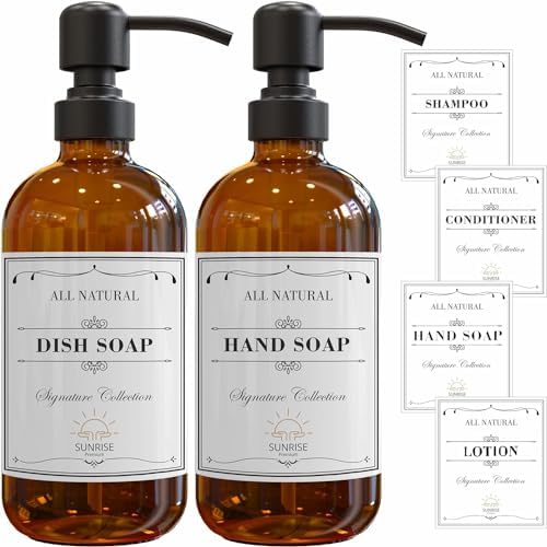 Sunrise Premium Amber Glass Soap Dispenser Matte Black with Pump, 2 Pack