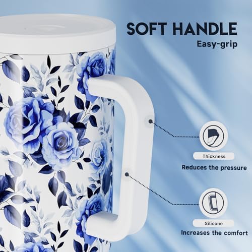 Meoky 40 oz Tumbler with Handle and Straw: Stainless Steel Insulated Tumbler with Lid and Straw - 100% Leak Proof Tumbler for Car Cup Holders - Travelers Commuters Workers, Blue Rose