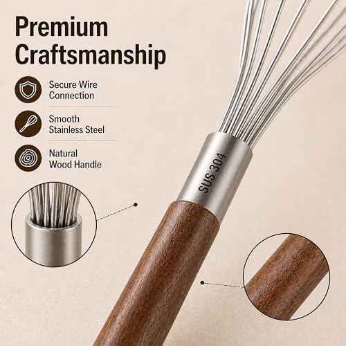 Mini Whisk 10 Inch, 304 Stainless Steel Small Wire Whisk with Walnut Wood Handle, Hand Egg Beater for Cooking, Baking, Mixing Eggs, Coffee, Sauces, Dressing and Gravy, 1 Count