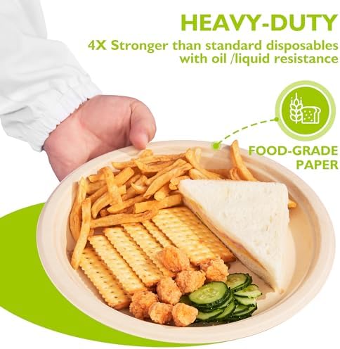 9 Inch Compostable Paper Plates 125 Pack, Disposable Heavy Duty Plates, Biodegradable Round Unbleached Brown Plates Made from Natural Sugarcane Fibers, for Party, Camping, Picnic