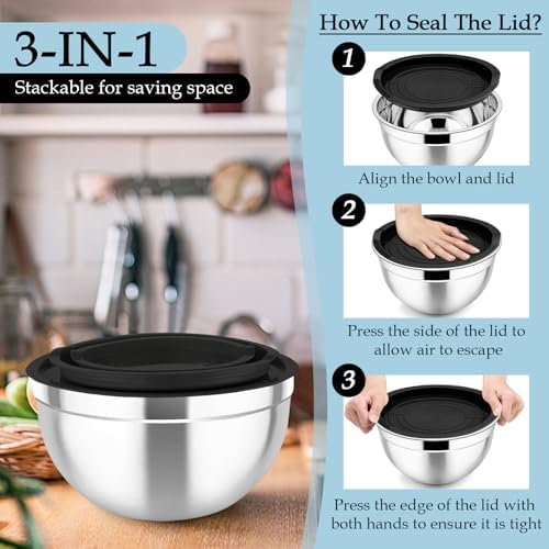 TeamFar Mixing Bowls, Stainless Steel Nesting Salad Bowls Set
