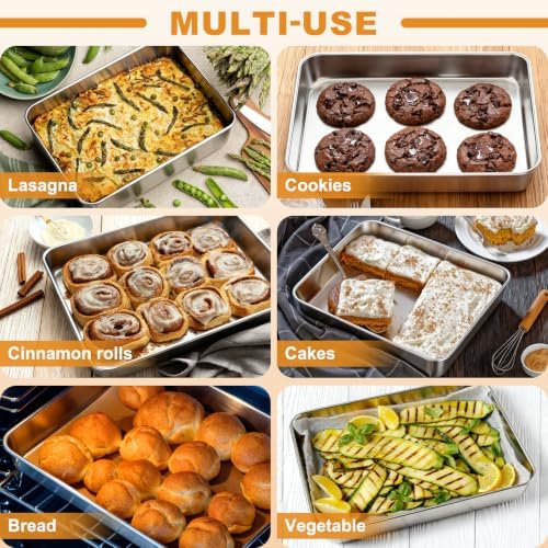Stainless Steel Baking Pan with Lid, 12⅓ x 9¾ x 2 Inch Deep Rectangle Cake Pans with Cover for Cakes, Brownies, Cookies, Deep Side & Heavy Duty,Dishwasher & Fridge & Oven Safe(2 Pans + 2 Lids)