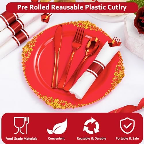 400PCS Pre Rolled Red Plastic Silverware Sets Heavy Duty for Wedding