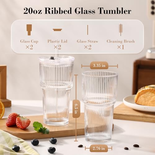 20oz Iced Coffee Cups with Lids, Ribbed Glass Cups with Lids and Straws