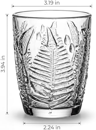 Clear Drinking Glasses Set of 4, 10 oz Glass Cups, Vintage Fern Glassware