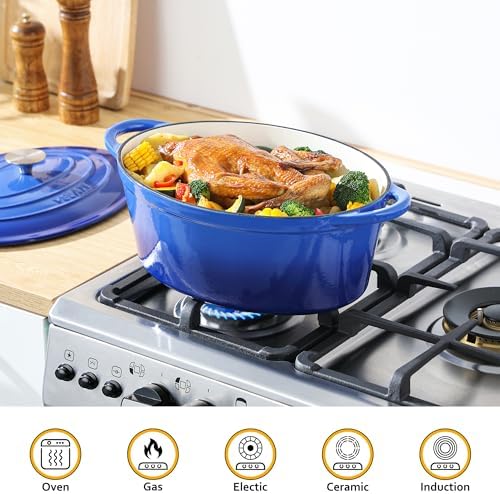 Velaze 7.5 QT Oval Enameled Cast Iron Dutch Oven Pot with Lid,Blue