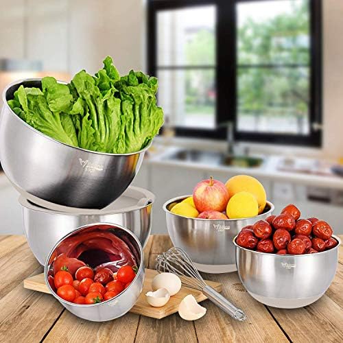 Wildone Mixing Bowls with Airtight Lids Set, 5PCS Stainless Steel Khaki Nesting Bowls for Kitchen, with Grater Attachments & Non-Slip Bottoms, Size 5, 3, 2, 1.5, 0.63 QT, Great for Mixing & Serving